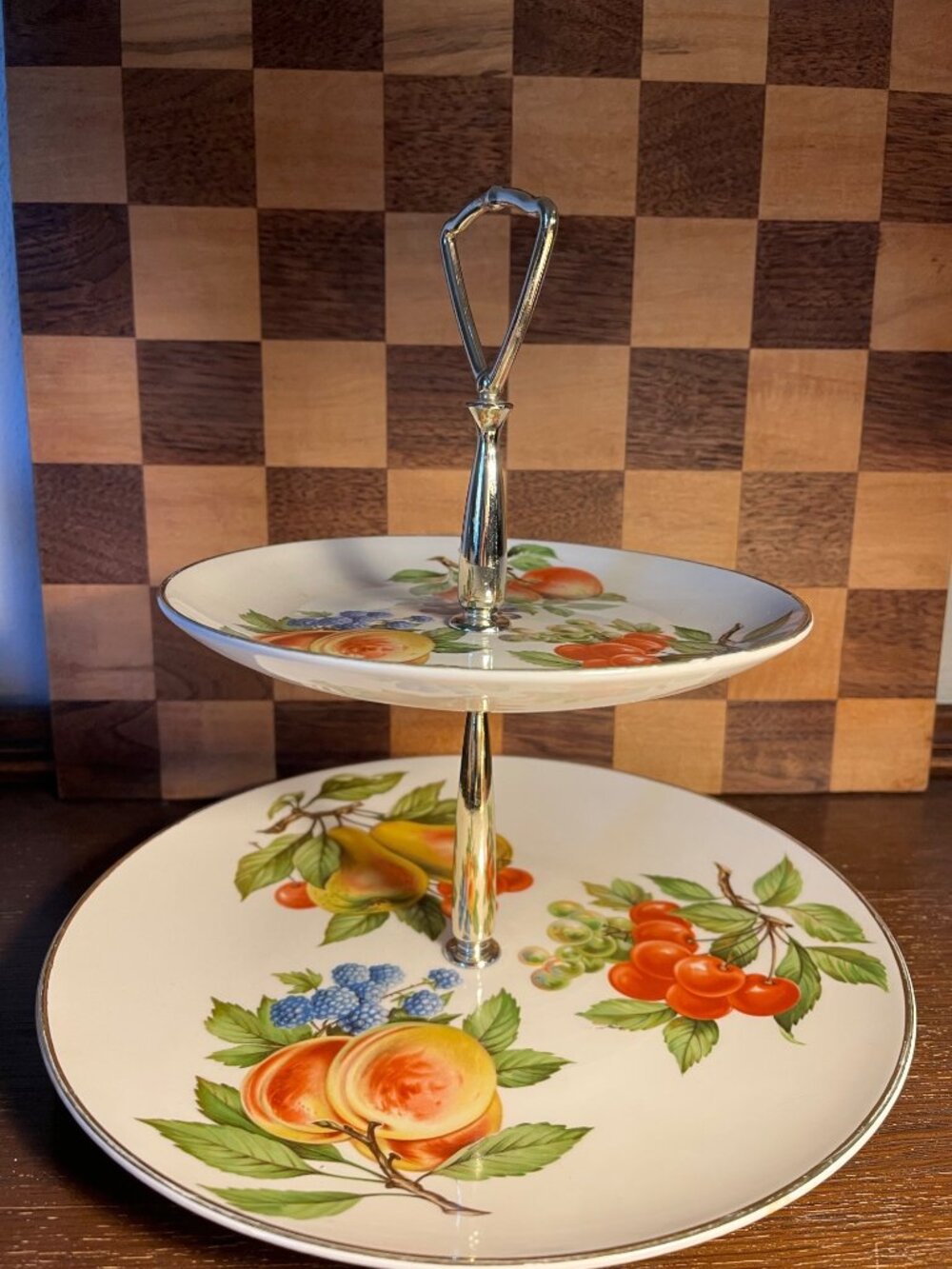 Two Tiered Serving Tray with Fruit Design, gold accents show wear